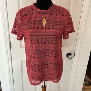 LOFT Red Lace Short Sleeve Top